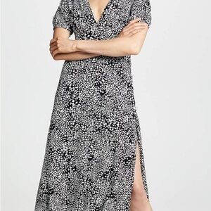 Free People Black and White Wrap Midi Dress with Puff Sleeves